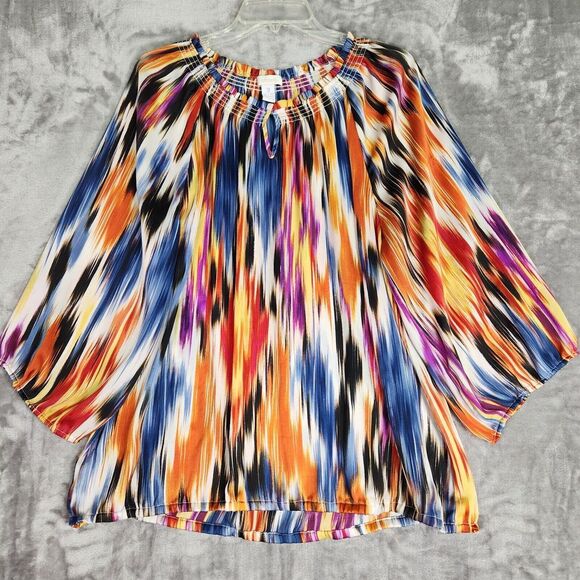 Chico's Blouse Womens XL (3) Bright Watercolor Peasant Smocked 3/4 Sleeve Gypsy - Picture 1 of 7